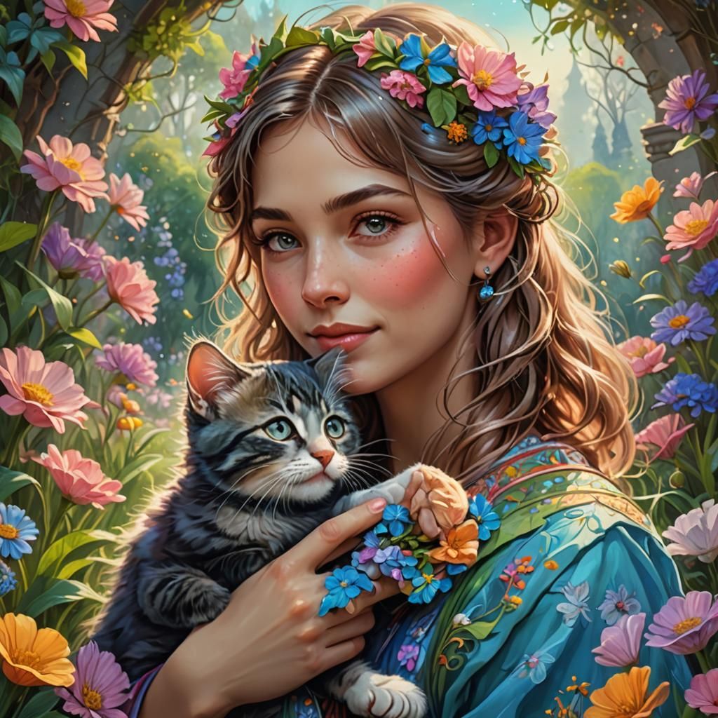 Woman and Kitten in Spring Garden, Surreal Illustration