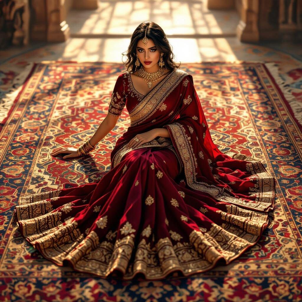Woman in Crimson Saree on Ornate Persian Rug