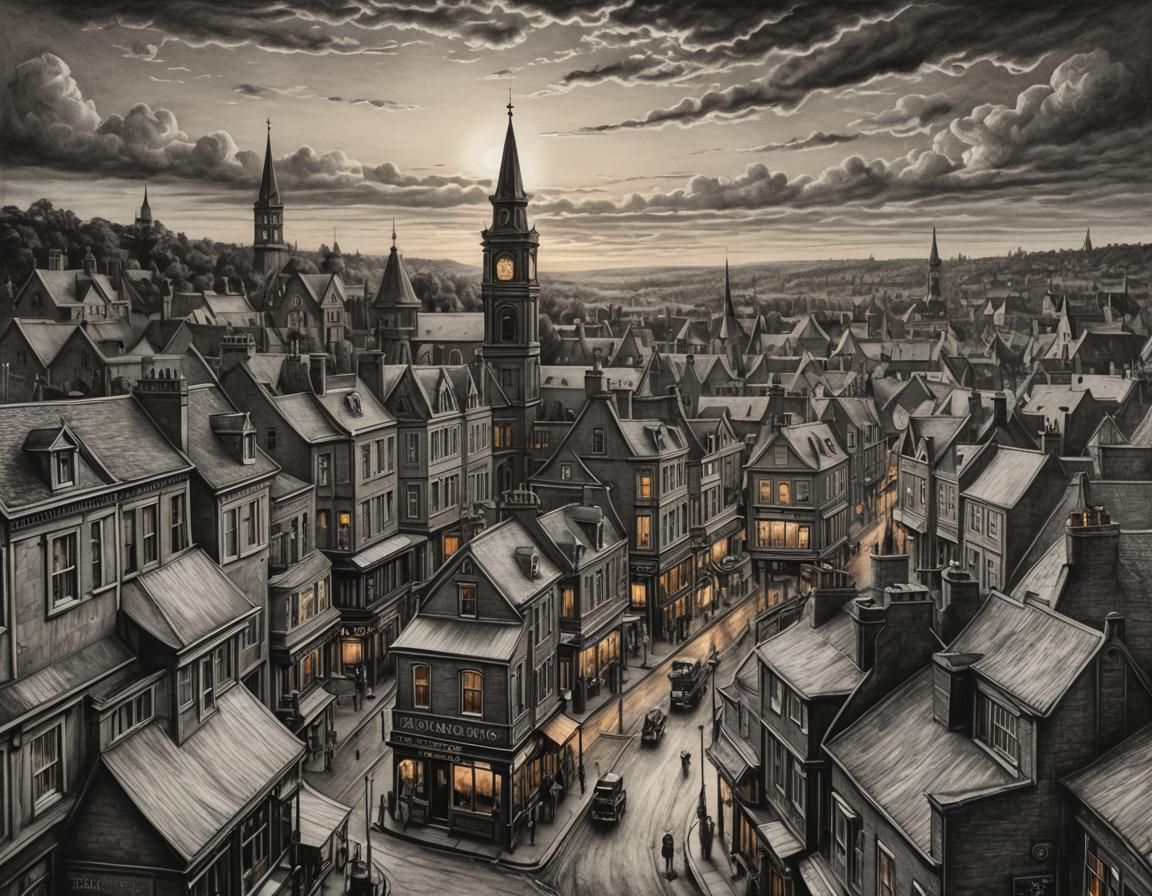 Victorian Town Sunset in Charcoal Style