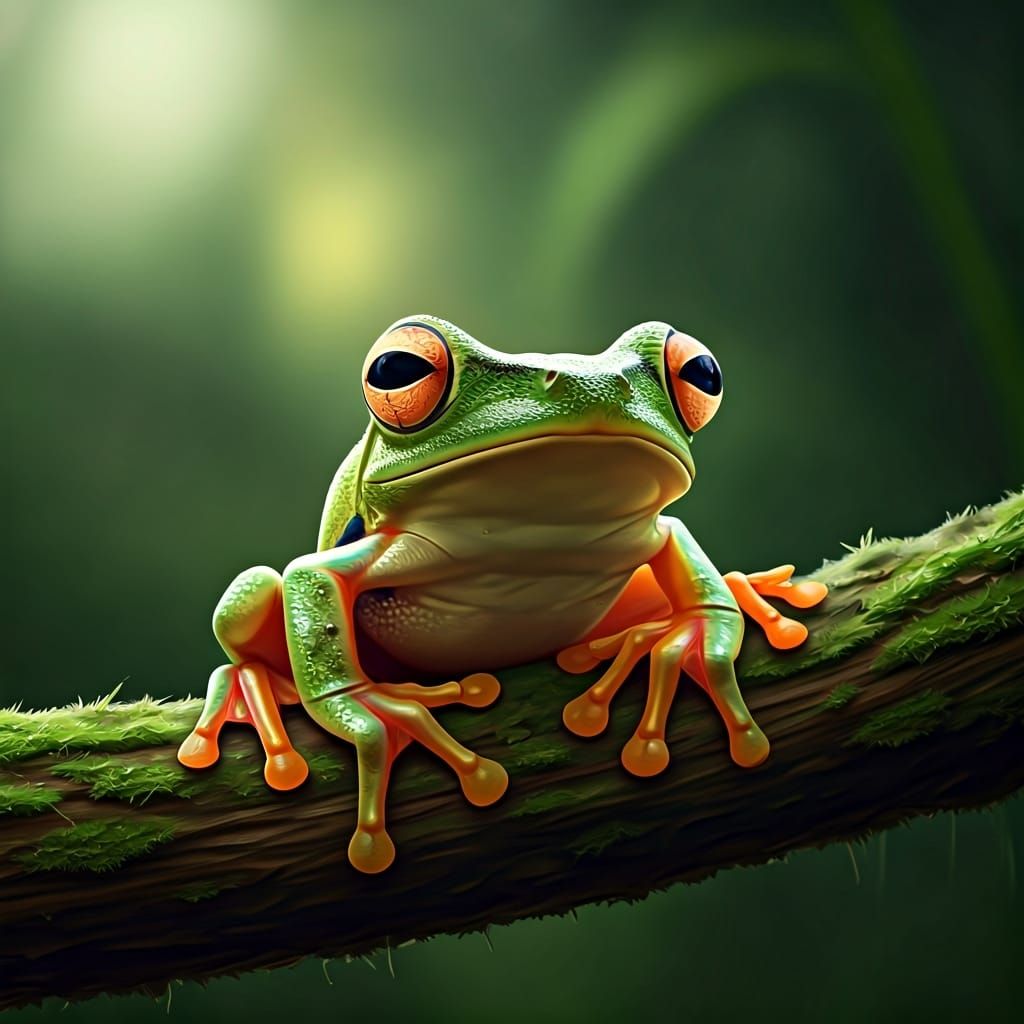 Tree Frog Portrait in Misty Rainforest, Oil Painting