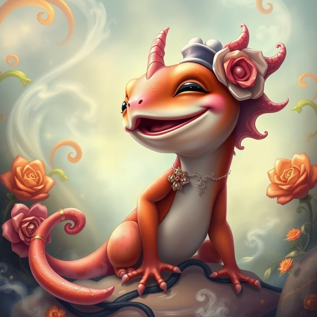 Joyful Salamander in Fantasy Landscape, Kinkade Style
