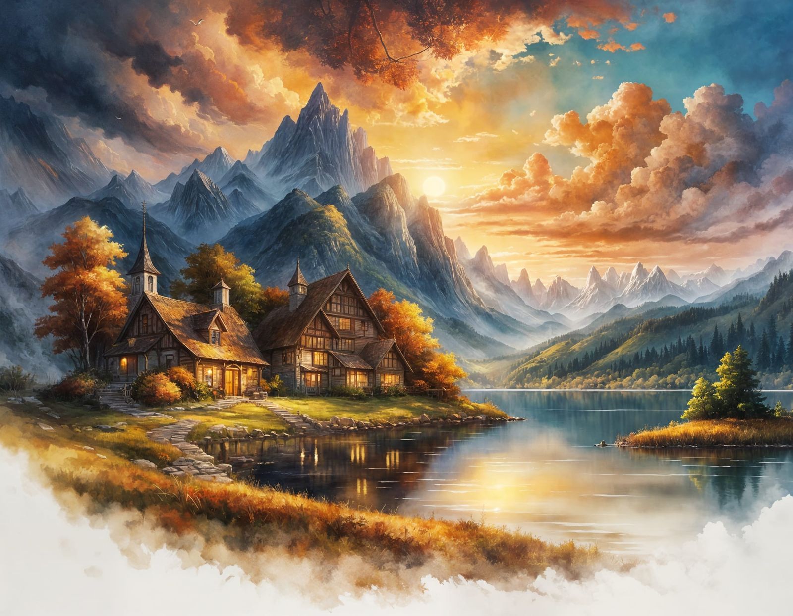 Golden Hour Village by the Enchanted Lake