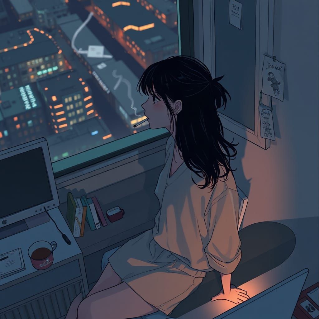 Surreal Young Woman Lost in Thought, 1980s Manga Style