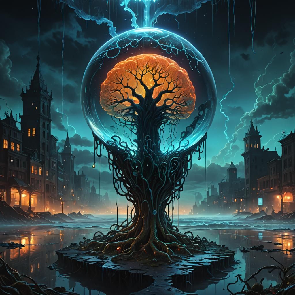 Beksiński-Inspired Dark Fantasy with Glowing Brain