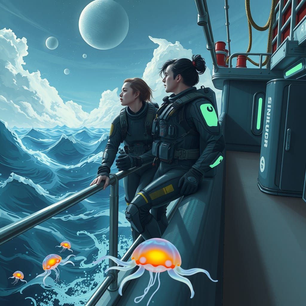 Figures Embrace on Floating Outpost Under Alien Sky