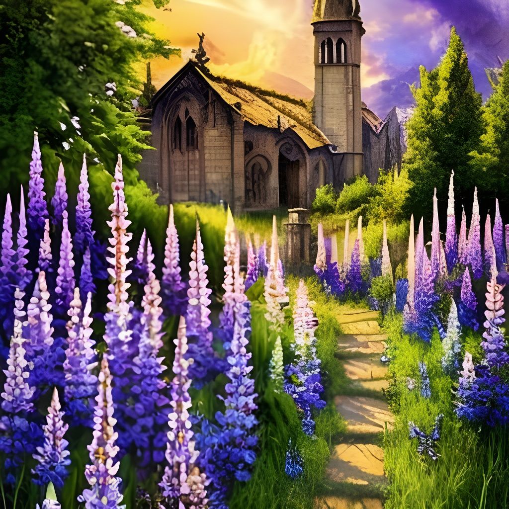 Lupine flowers and gothic chapel