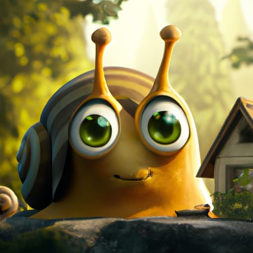 Adorable Baby Snail with House, Pixar Animation Style