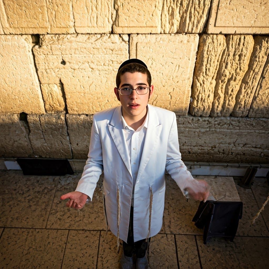 Hopeful Young Hasidic Boy in Front of the Western Wall