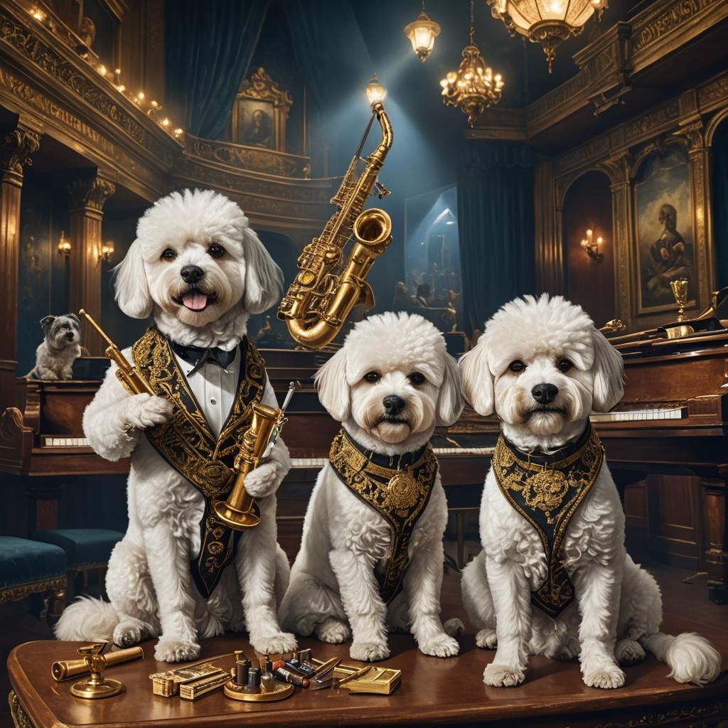 Dogs on Saxophone with Cigars: Hyperrealistic Digital Art