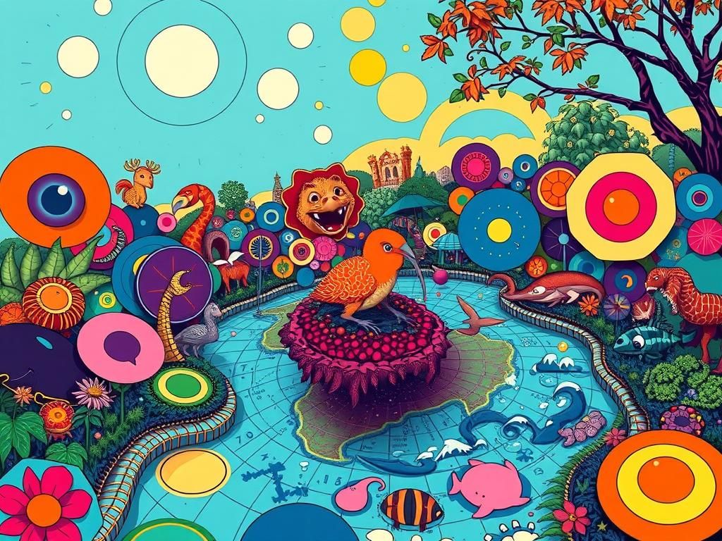 Eclectic World Map with Animals in Fantastical Style