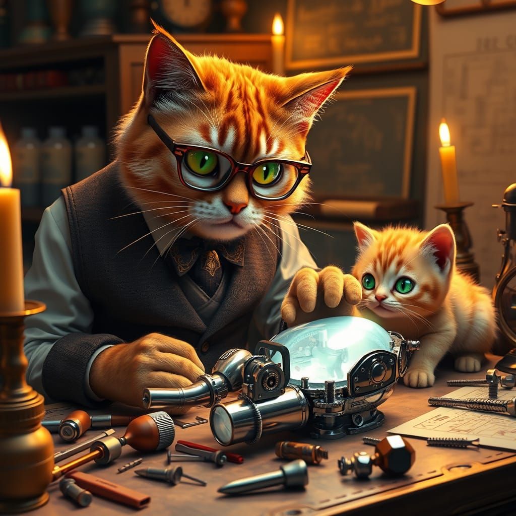Professor Cat Tinkers with Mecha-Mew in Elegant Workspace