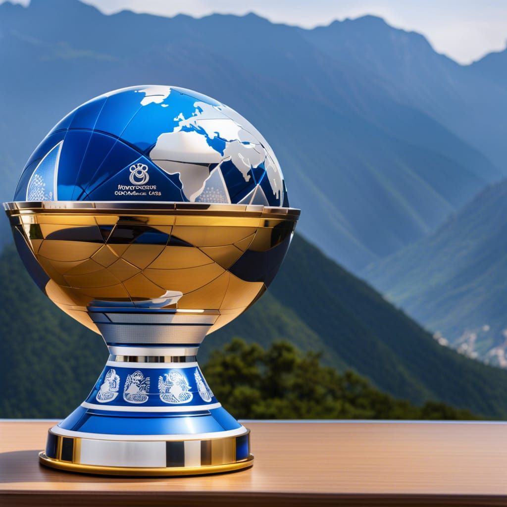 Blue China World Cup Trophy with Mountain Backdrop