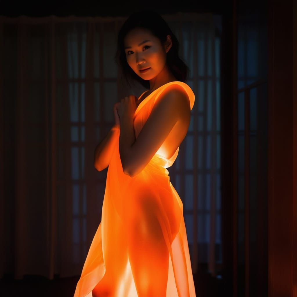 Asian Woman with Orange Torso Glow in Dark Room