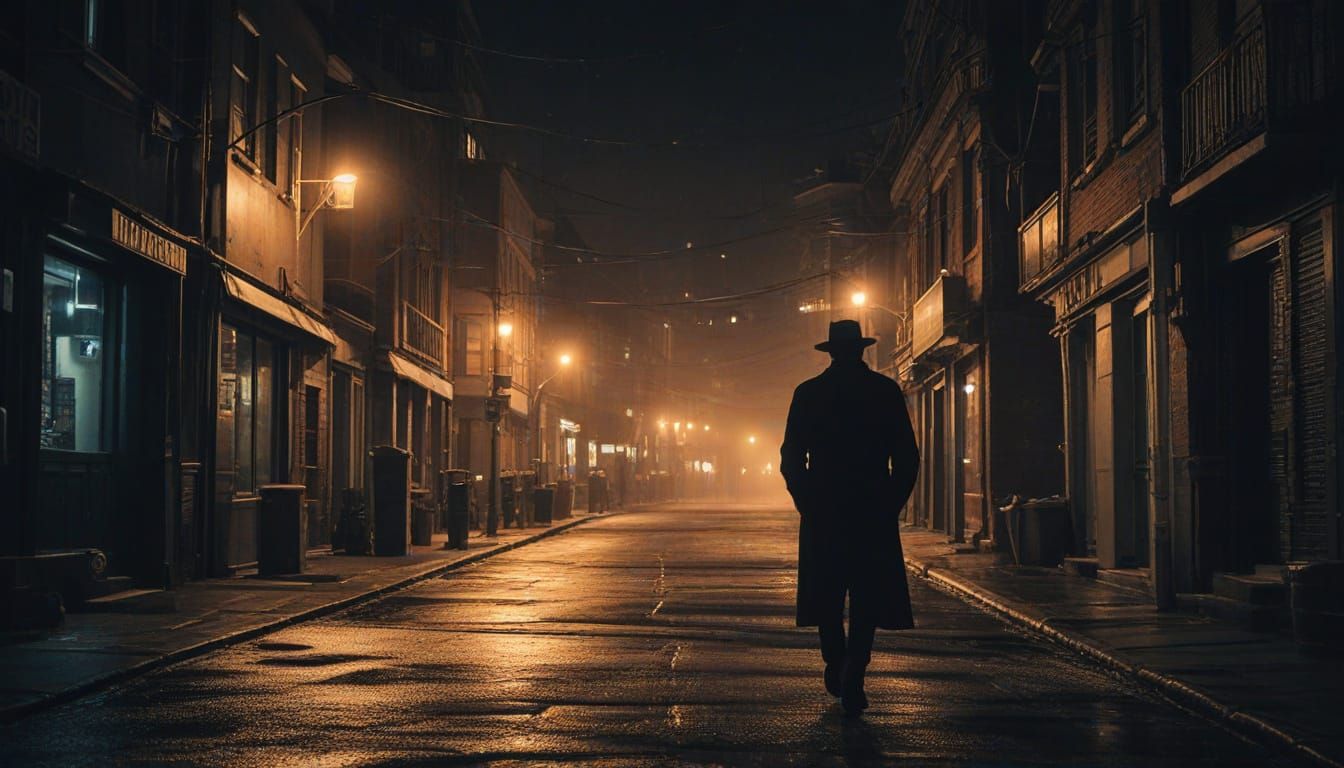 Sandman in Noir Cityscape: Glimmering Street Photography