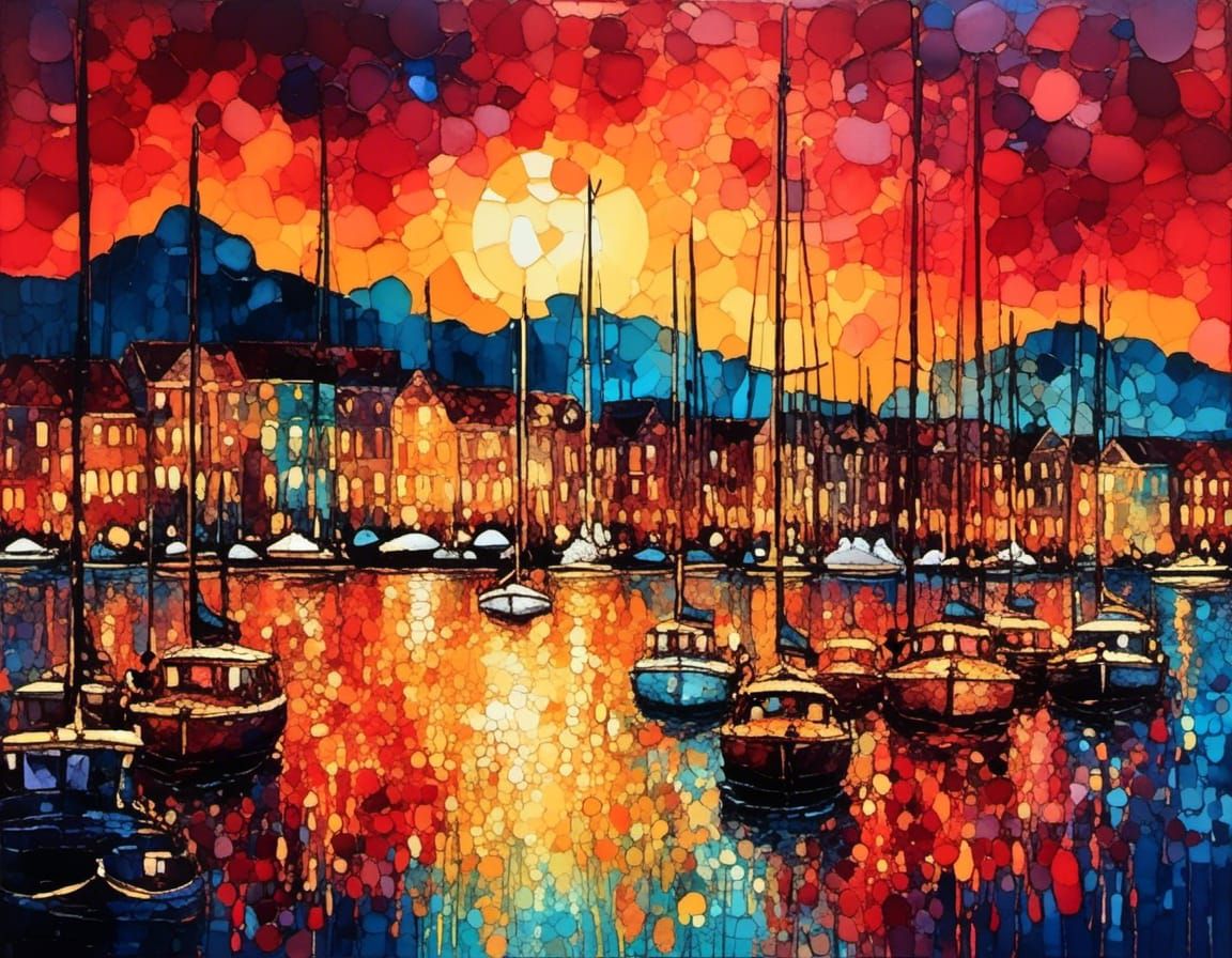 Caribbean Yacht Harbor Sunset in Watercolour Style