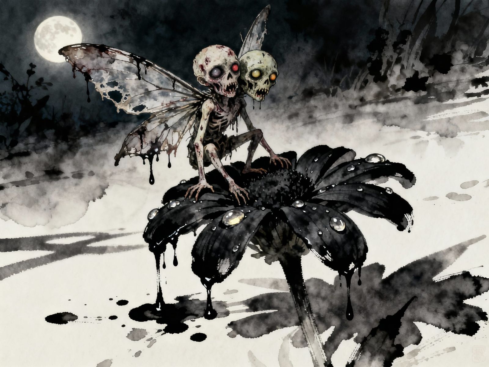 Horror Zombie Fairy on Black Flower