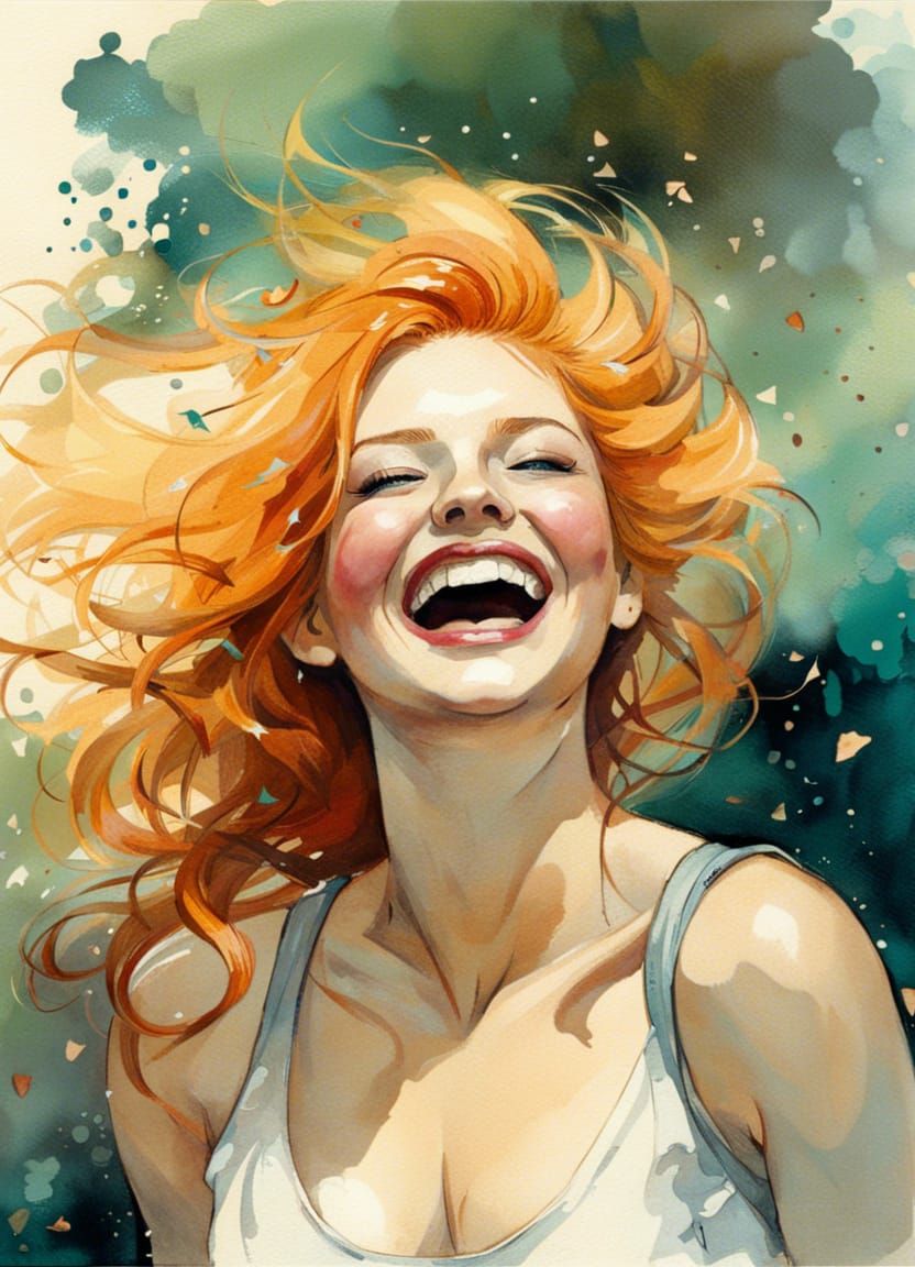 Strawberry Blonde Woman Laughing in Park, Digital Art