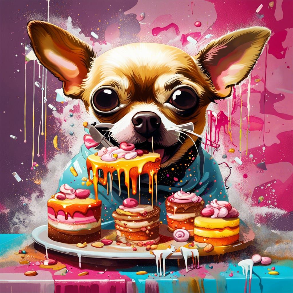 Chihuahua's Cake Feast: Food Graffiti Art