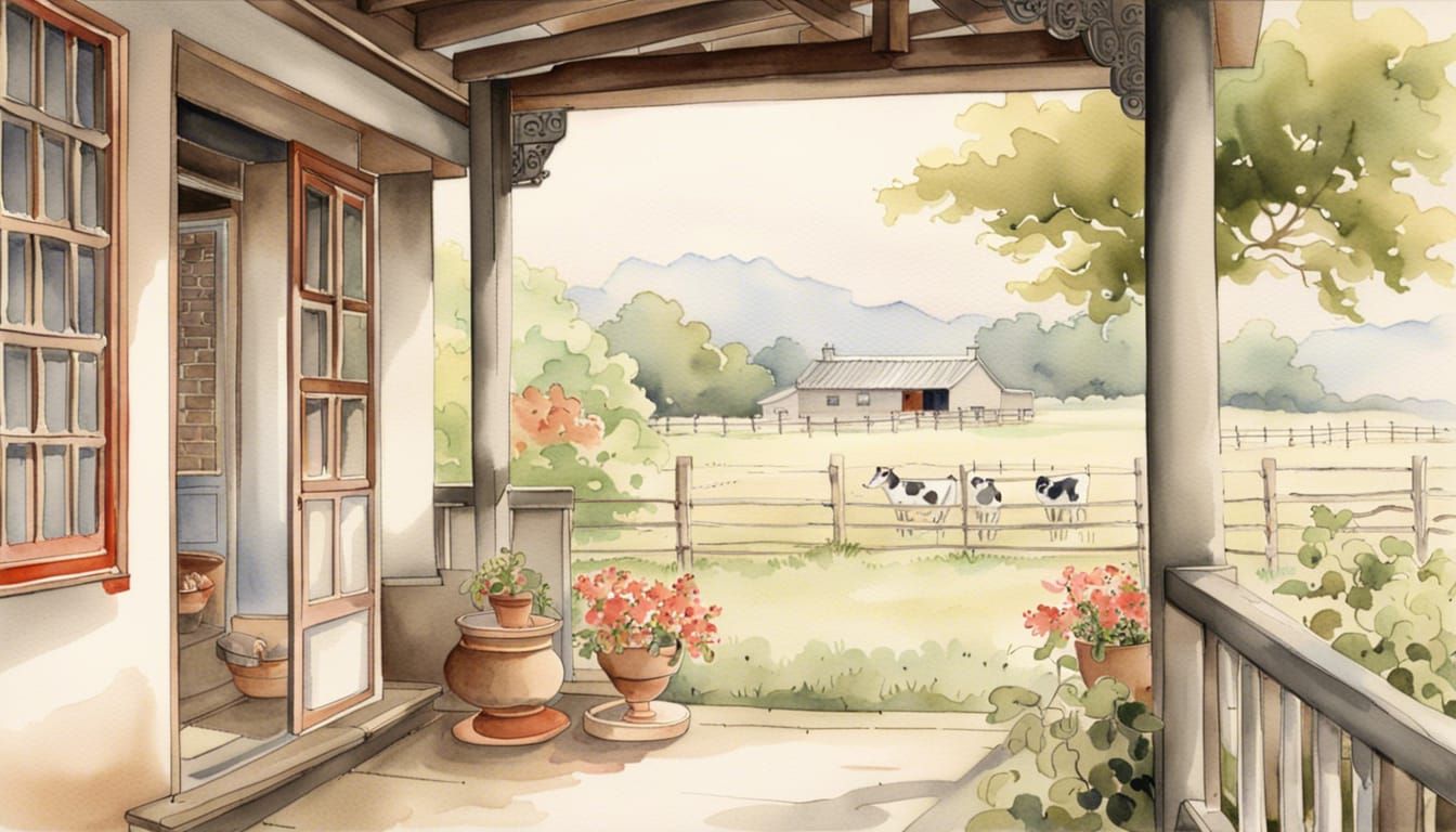 Dairy Farm in Traditional Chinese Watercolor Style