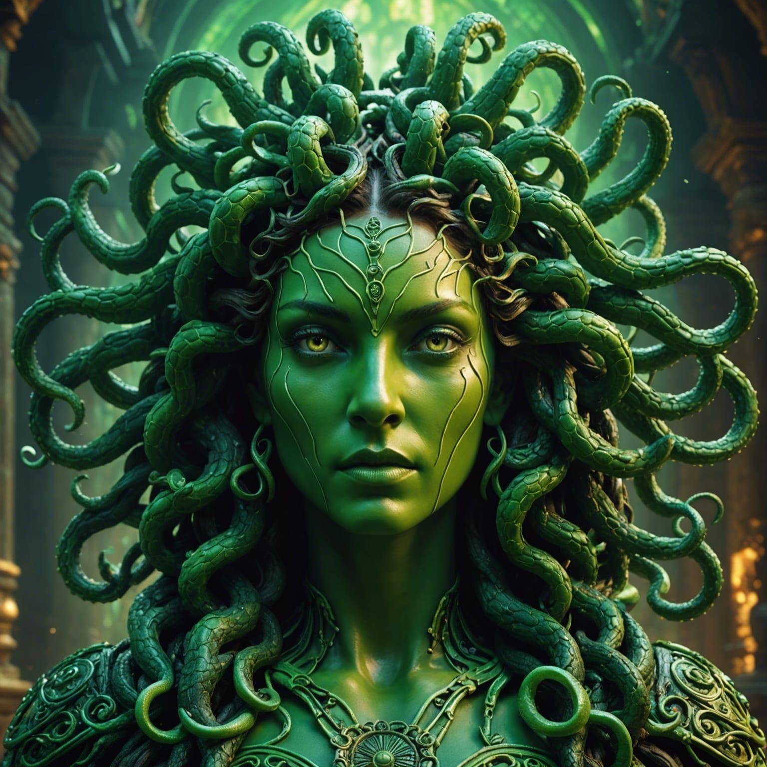 Luminescent Medusa in Green Tones, Detailed Matte Painting