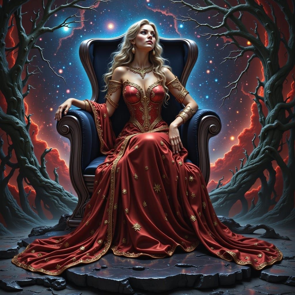 Regal Empress on Obsidian Throne in Fantasy Art Style