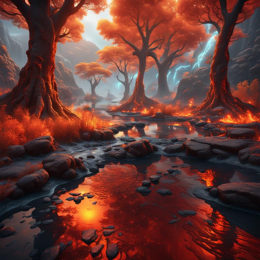 Lava Rivers Flow in Fantastical Landscape