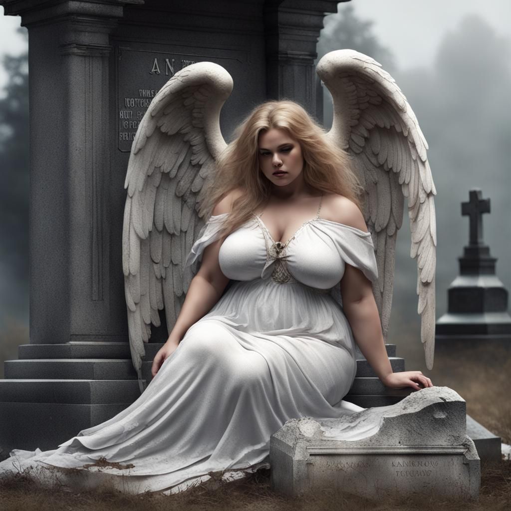 Battle-worn Angel Mourns by Grave