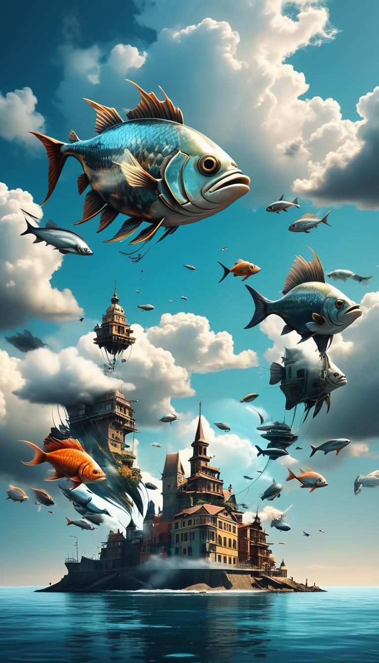 Surreal Flying City and Fish Double Exposure