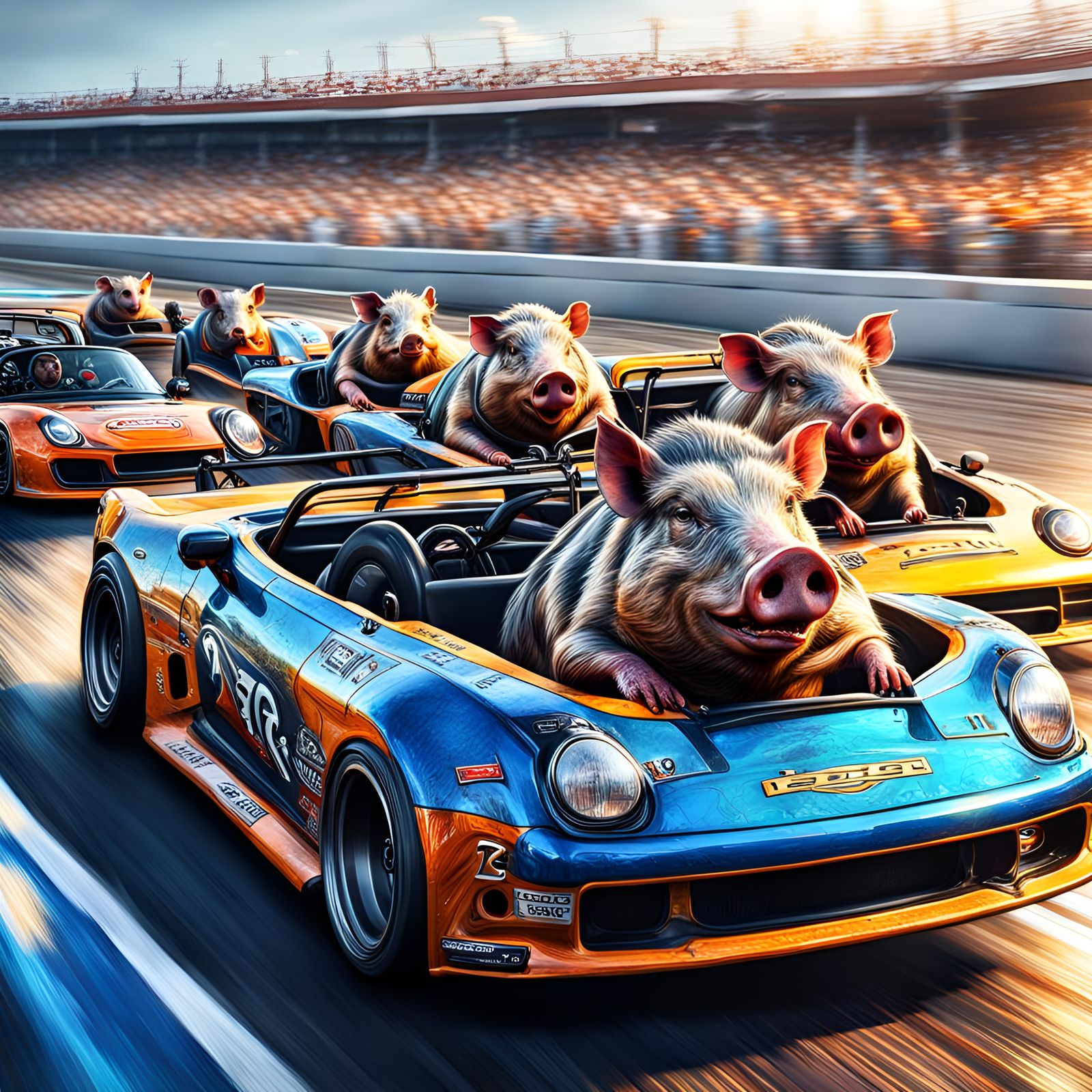 Hogs Drifting Race Cars: Photorealistic Digital Art