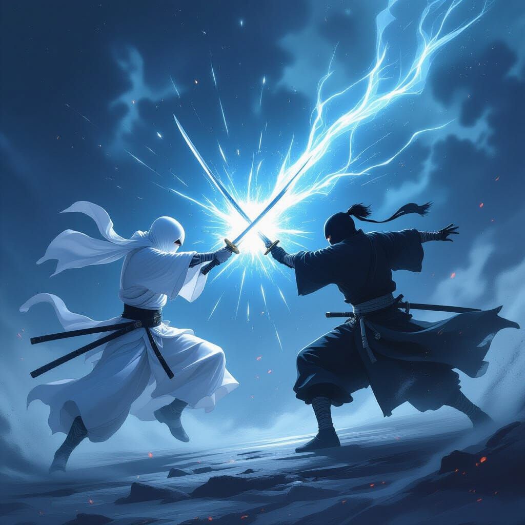 White Ninja Battles Fading Black Ninja in Dramatic Light