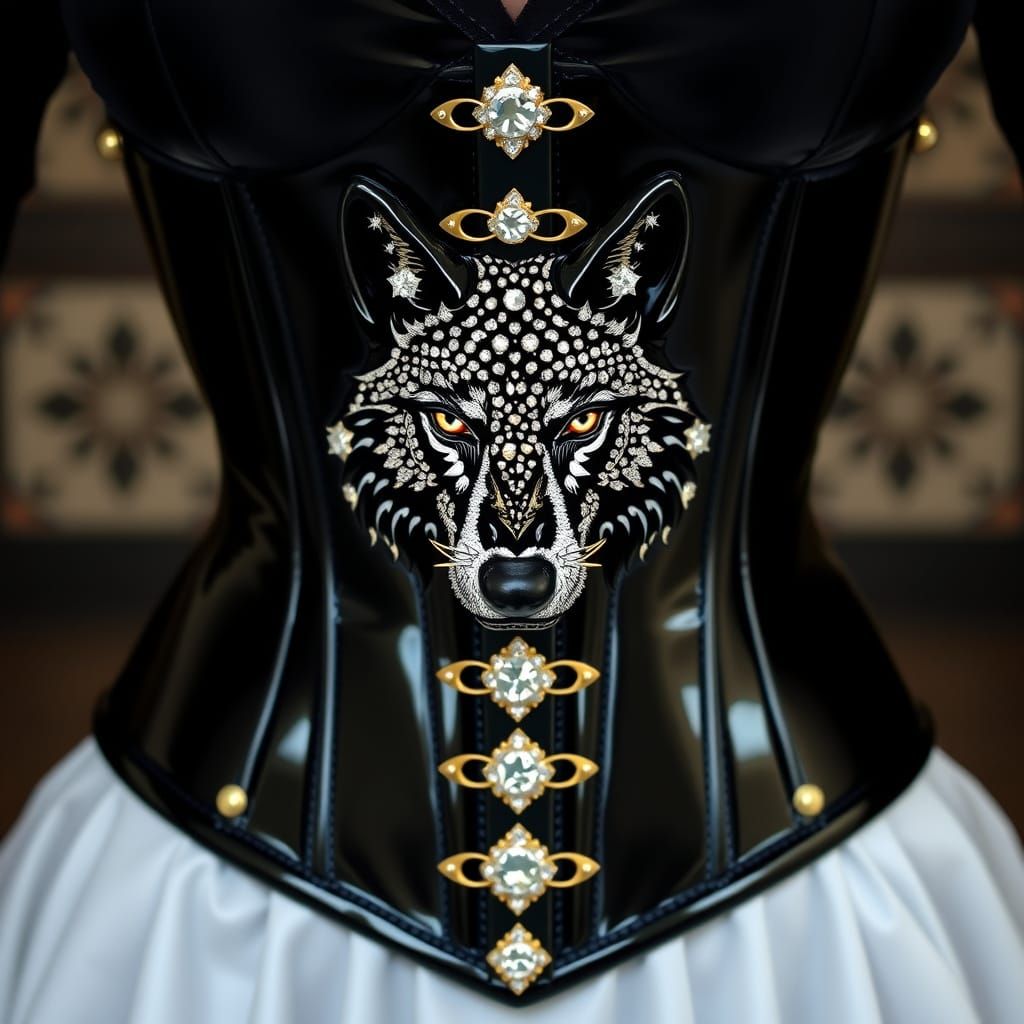 Gothic Wolf Corset in Black Latex with Diamond Accents