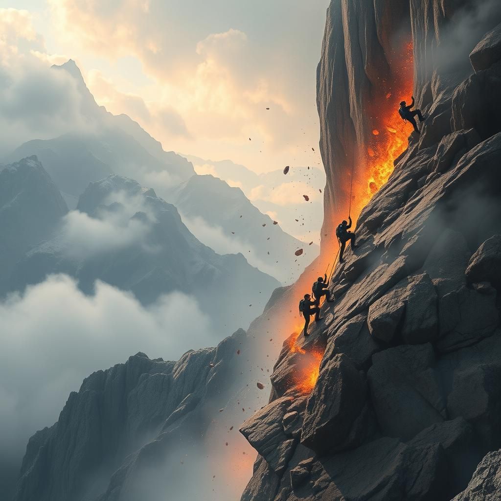 A big Clift on a mountain. People rock climbing. Rocks falli...