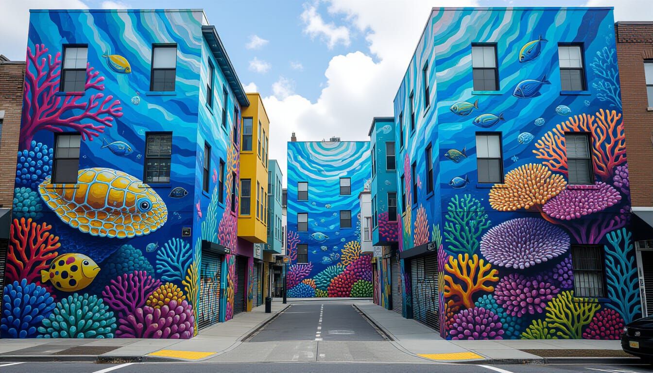 Vibrant Coral Reef Murals in Street Art Style
