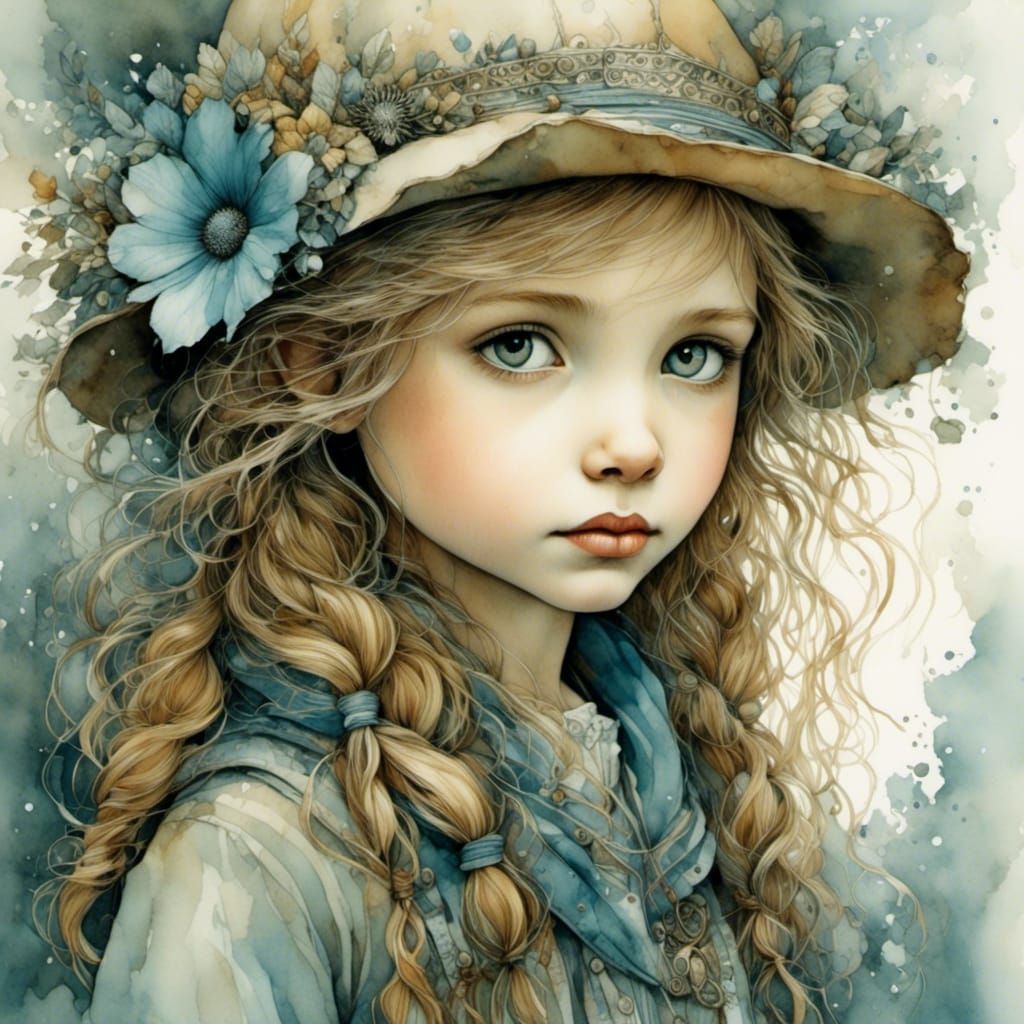 Watercolor Girl with Detailed Eyes, Ink Drawing Style