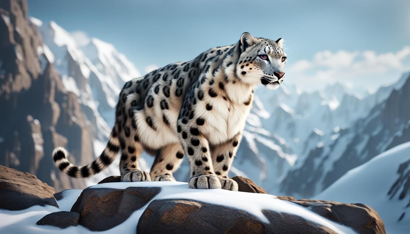 Snow Leopard Leaping Through Snowy Mountainscape