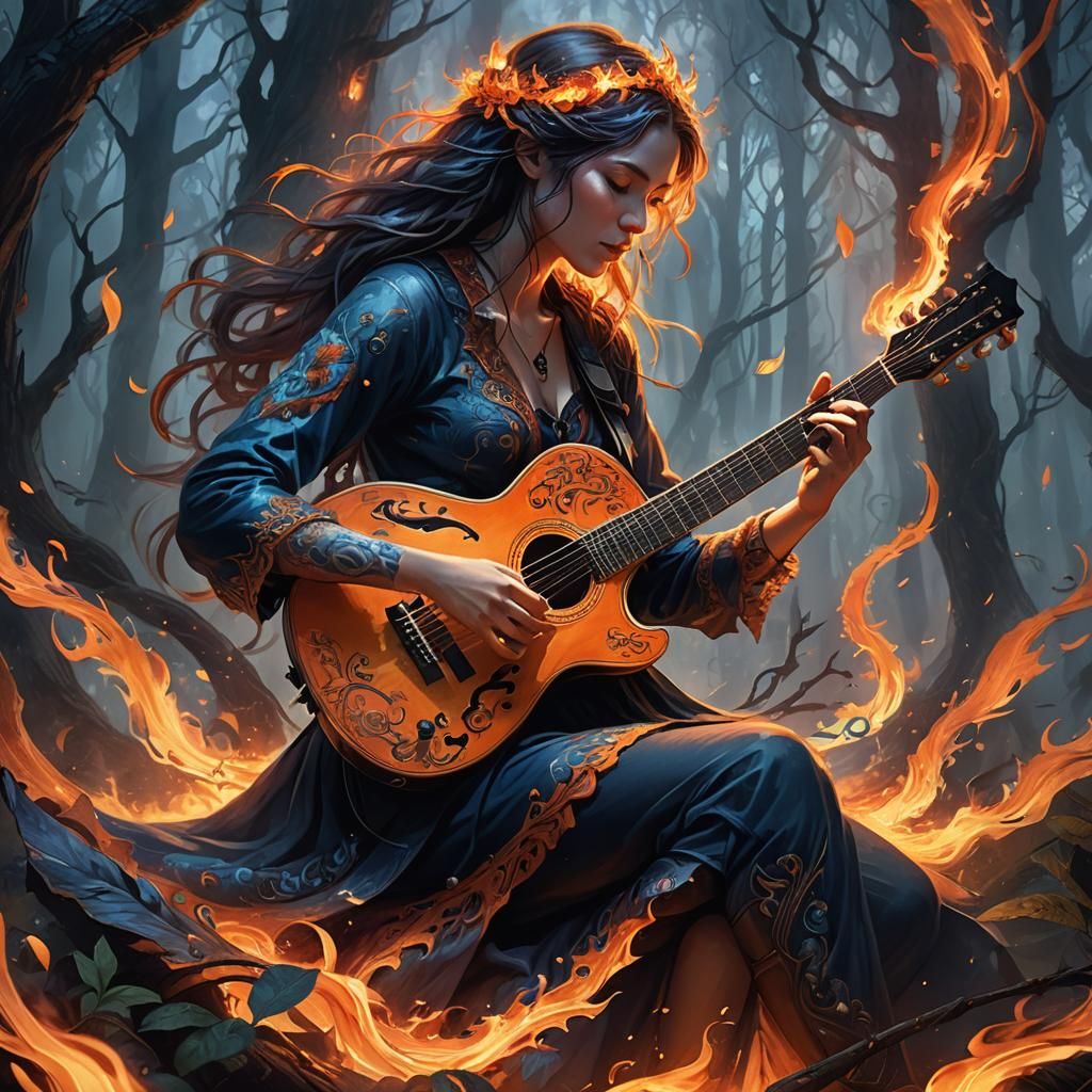 Mystical Guitarist in Flaming Forest: Fantasy Art