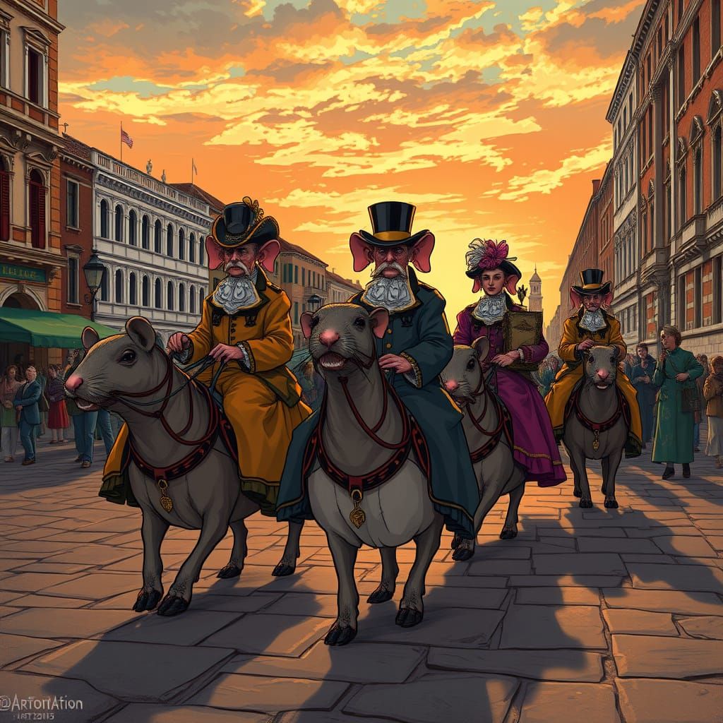 Victorian Figures Ride Walrus Mice in Venice