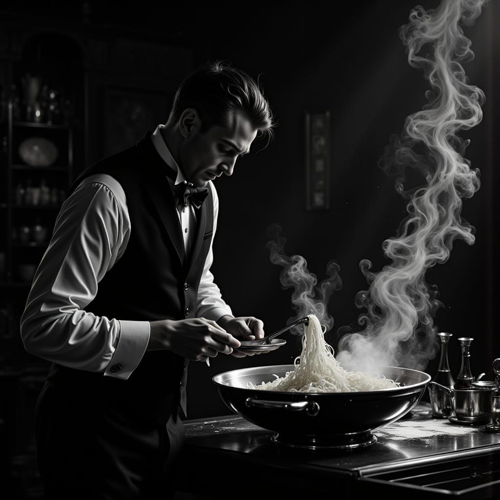 Butler Prepares Noodles in Film Noir Kitchen