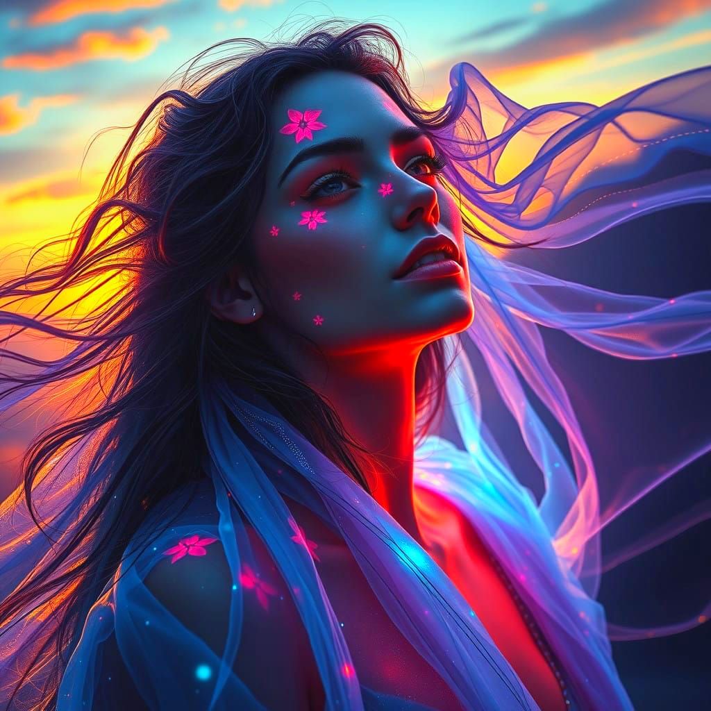 Ethereal Goddess in Triadic Sunset Glow