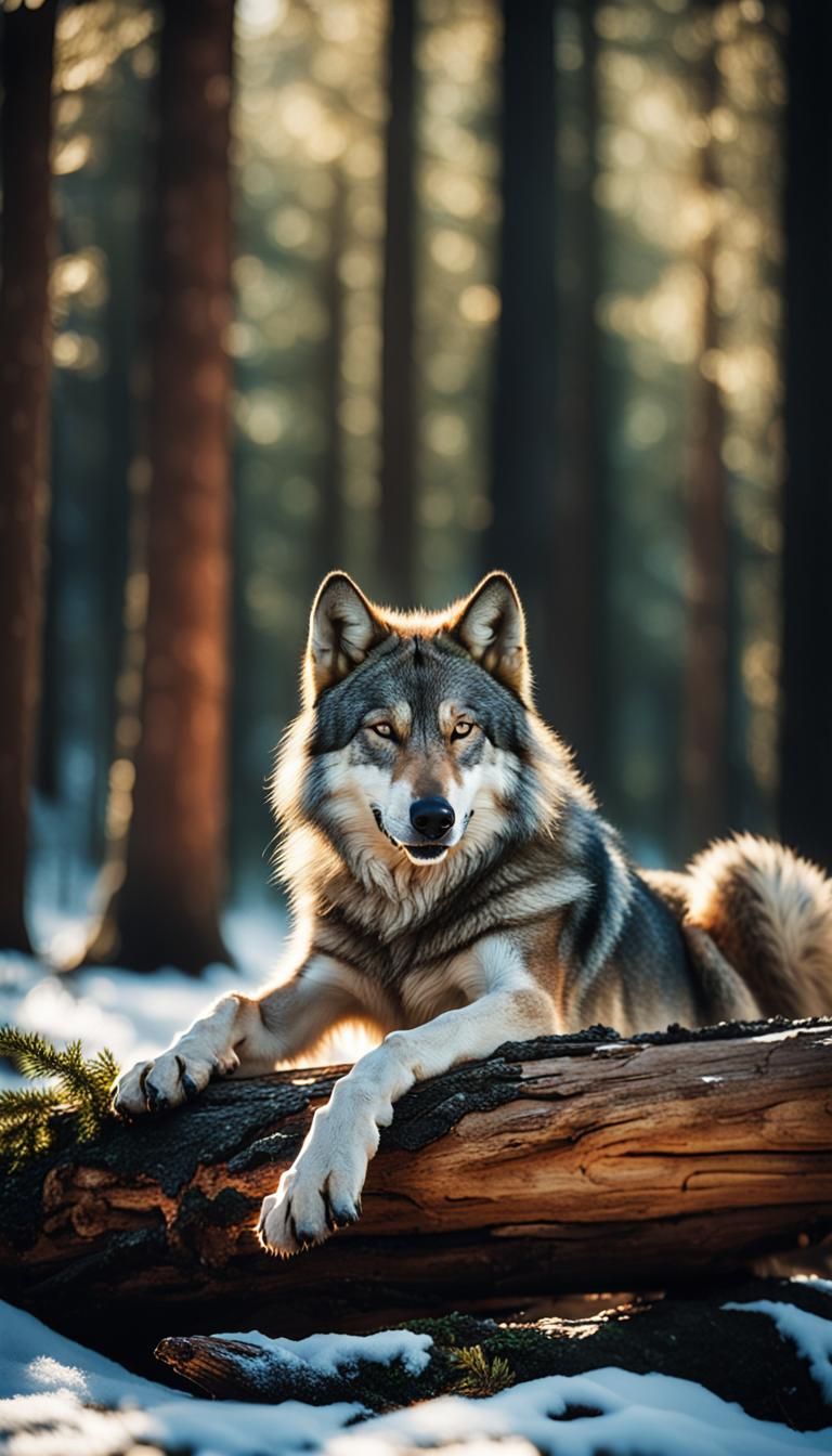 Wolf Portrait in Coniferous Forest, Cinematic Lighting