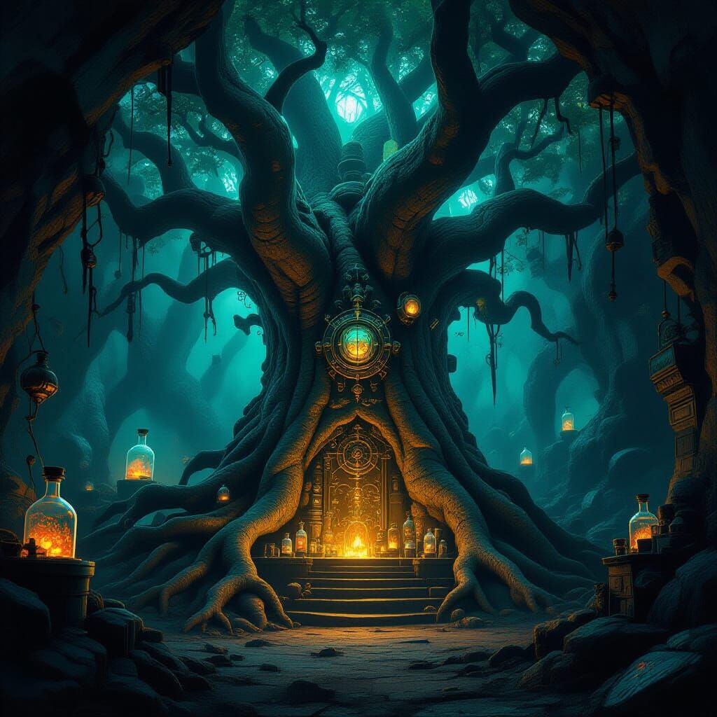 Ancient Tree Secret Laboratory with Steampunk Machinery