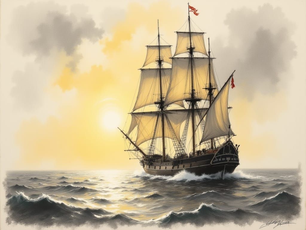 Vivid Ocean Scene with Sailing Ship in Golden Light
