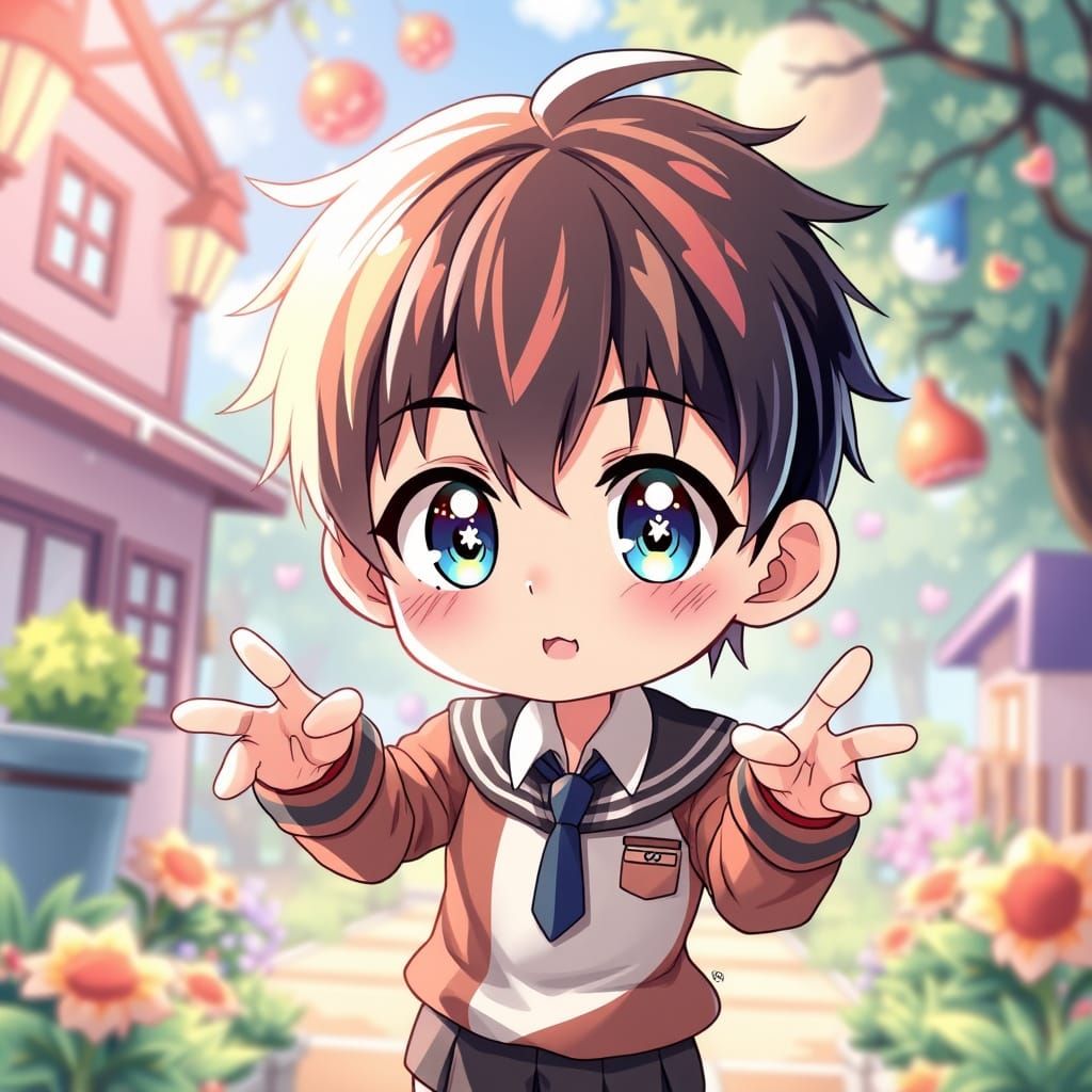 Charming Kawaii Anime Boy in Whimsical School Uniform