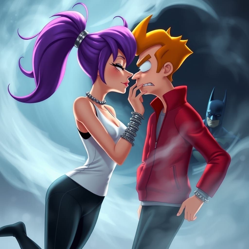Futurama's Leela and Fry: Ethereal Kiss in Dreamscape