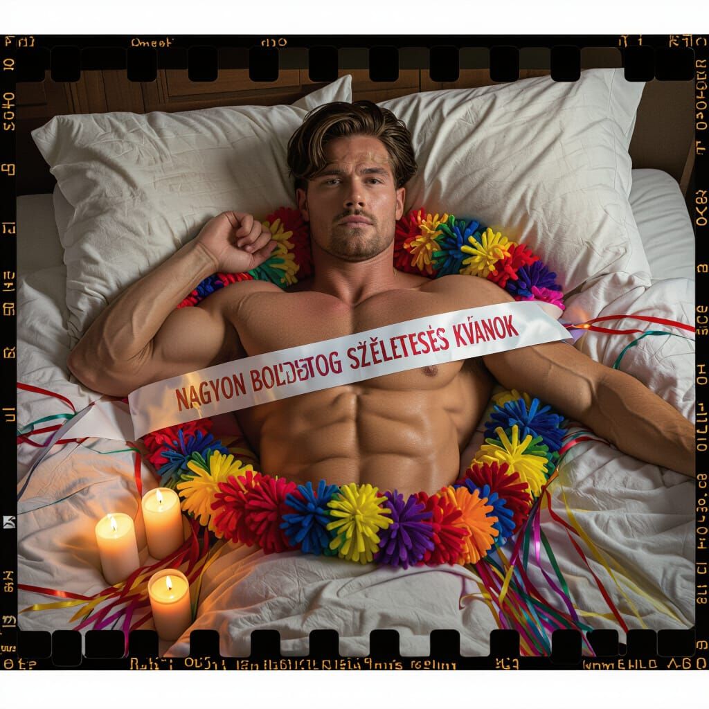 Cinematic Film Still of Man with Colorful Pom-Pom