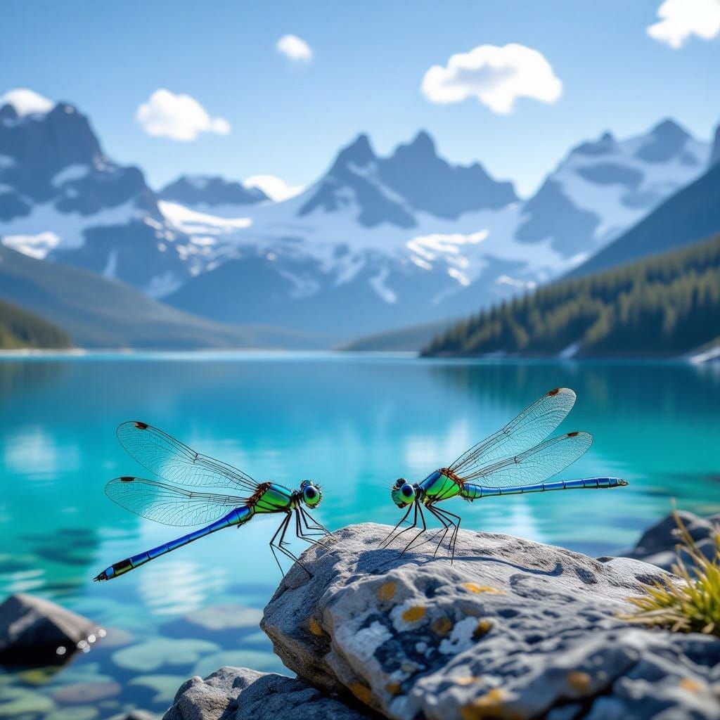 Dragonflies by Alpine Lake in Romantic Style
