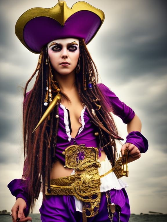 Beautiful Pirate Portrait with Gold Crown in HDR