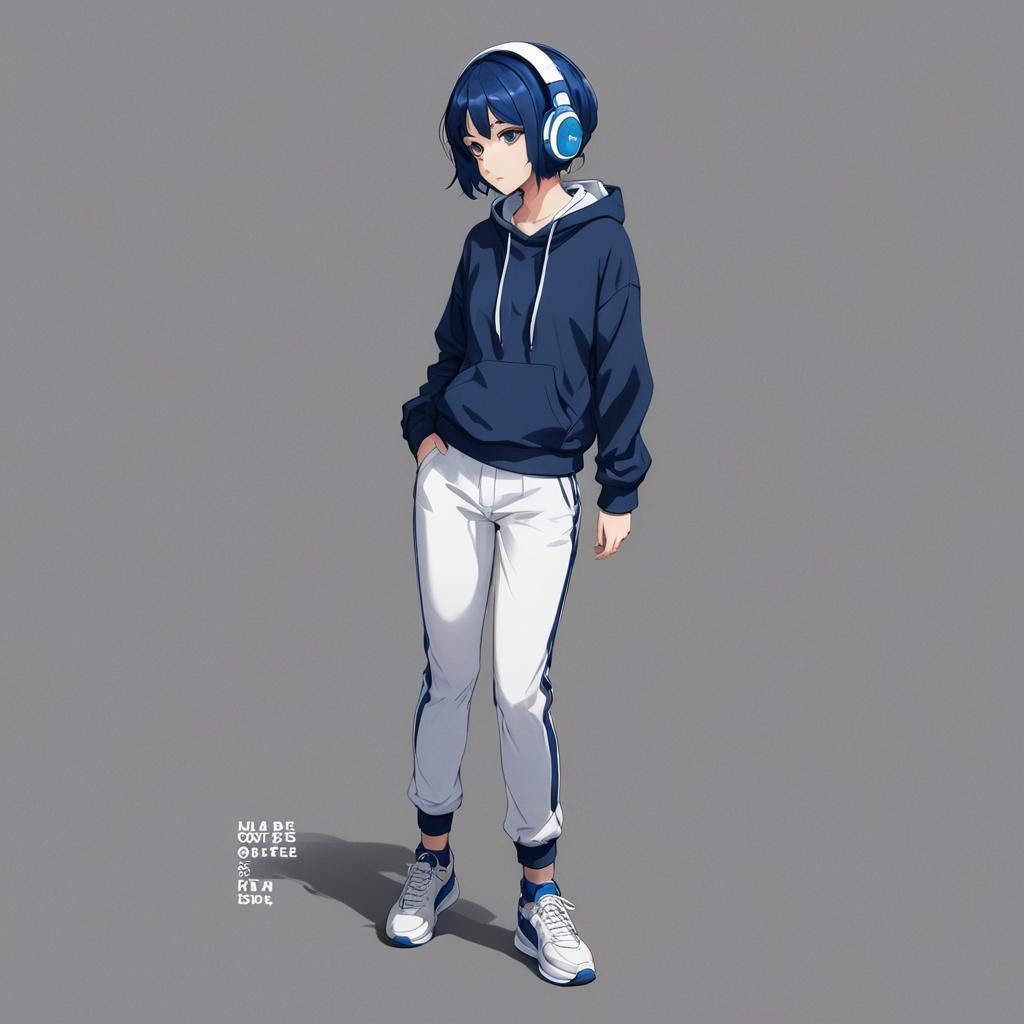 Anime Girl with Dark Blue Hair and Hoodie