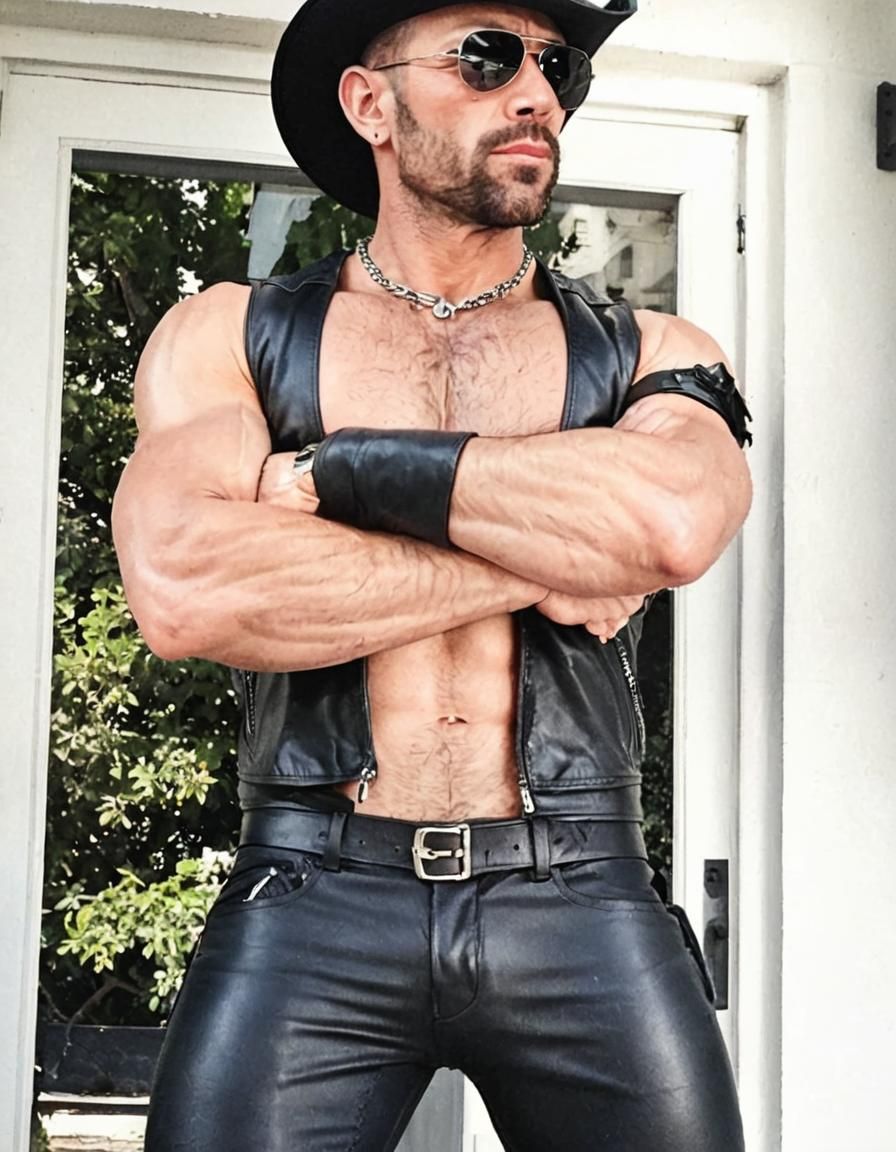Muscular Man in Leather Outfit and Sunglasses