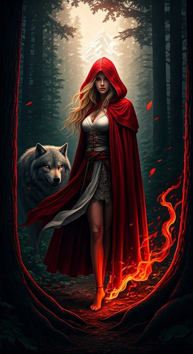 Ethereal Red Riding Hood in Dark Forest with Dire Wolf